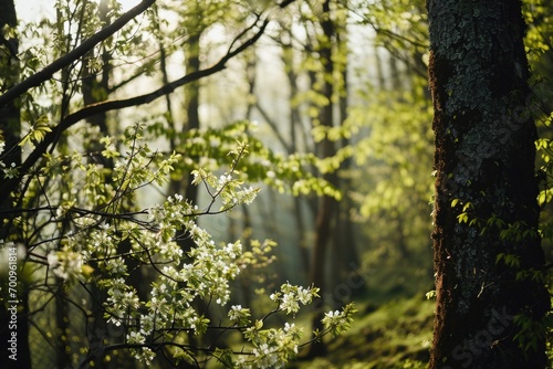 Sun shining through the trees in the woods. Perfect for nature and outdoor themes