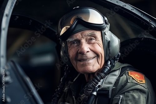 Portrait of an old pilot sitting in the cockpit of a helicopter © Nerea