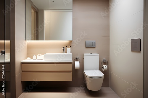 A minimalist washroom with a wall-mounted toilet  a compact sink  and a built-in storage unit  maximizing space and functionality.