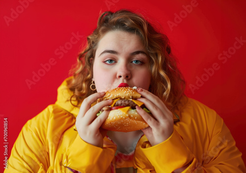 Very fat girl eating a hamburger on a coloured background  fast food is bad for health