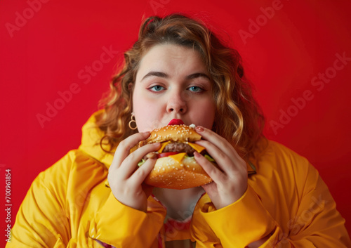 Very fat girl eating a hamburger on a coloured background, fast food is bad for health