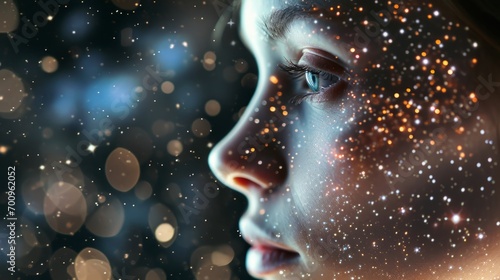 Portrait of a young woman with elements of glowing particles and stars. Sparkling glitters on a face. Magic portrait