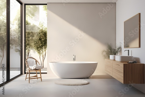 A modern classic minimalist bathroom featuring a freestanding bathtub, a minimalist vanity, and a large window allowing natural light to fill the space.