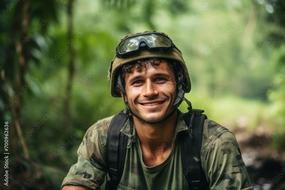 Portrait of handsome young man with backpack and helmet in jungle.