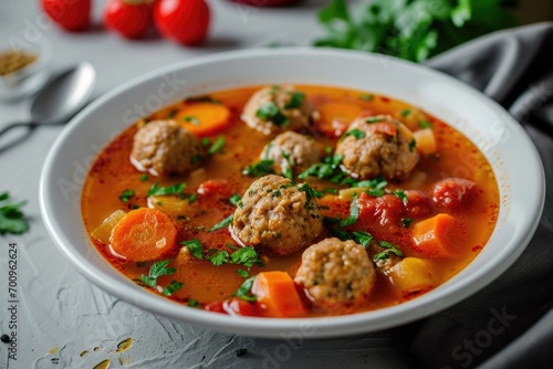 A bowl of soup filled with delicious meatballs and a variety of colorful vegetables. Perfect for a comforting and nutritious meal. Great for food blogs, recipe websites, and restaurant menus