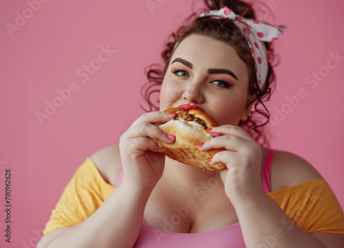Very fat girl eating a hamburger on a coloured background  fast food is bad for health