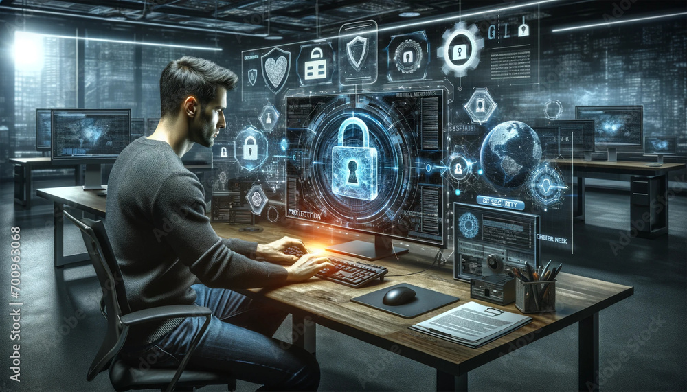A conceptual scene depicting data protection and privacy, emphasizing GDPR and cyber security network themes.