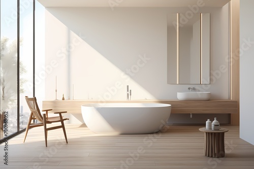 A modern classic minimalist bathroom featuring a freestanding bathtub  a wall-mounted faucet  and a minimalist bench for a touch of functionality.