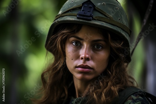 Portrait of a beautiful young woman soldier in the forest. Military, army and war concept. © Nerea