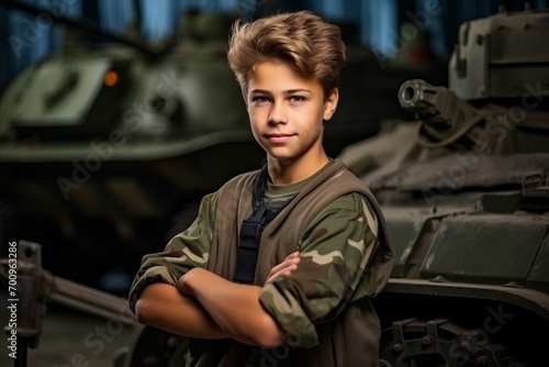 Portrait of a handsome young boy standing with arms crossed in front of military equipment