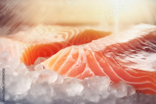 Chilled fish. Fresh salmon or trout fillet on ice. healthy eating concept.