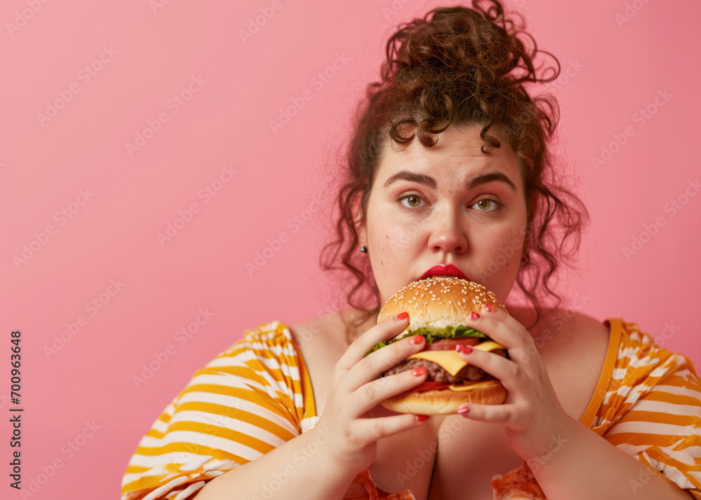 Very fat girl on pink background with fast food in her hands, the harm of food