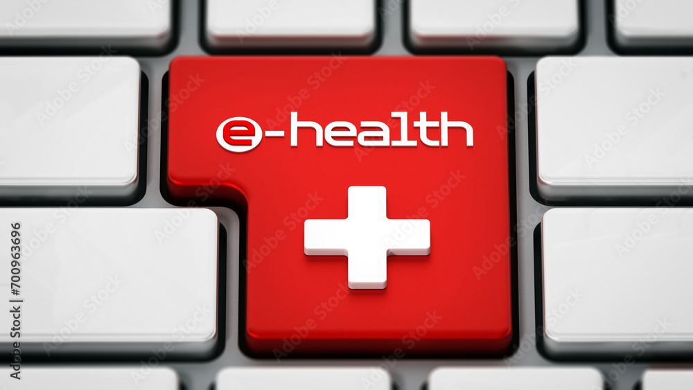 Obraz premium E-health text and cross symbol on enter key. 3D illustration
