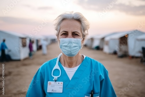 Portrait of senior female nurse wearing face mask at beach during sunset