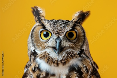 A detailed close-up image of an owl featuring its striking yellow eyes. Perfect for nature enthusiasts and wildlife-themed projects