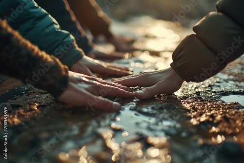 A group of people holding hands over a puddle of water. This image can be used to symbolize teamwork, unity, and overcoming obstacles