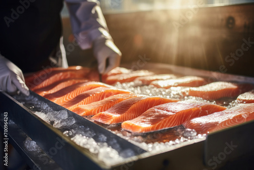 Close-up of a worker's hands sorting salmon fillets on a conveyor belt at a fish processing plant. Large pieces of fresh salmon.