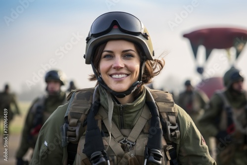 Portrait of a beautiful woman paratrooper with helmet and goggles © Nerea