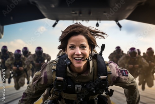 Beautiful woman paratrooper on the background of the military helicopter