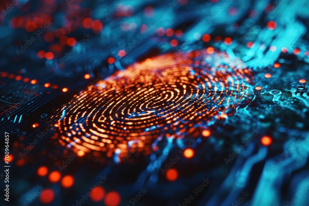 Close up of a fingerprint on a circuit board. Suitable for technology and security concepts Close up of a fingerprint on a circuit board. Suitable for technology and security concepts