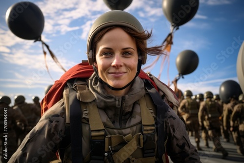 Portrait of a girl in a military helmet on a background of balloons