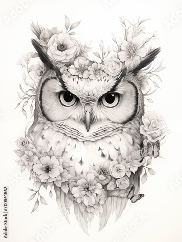 Beautiful hyperrealistic whimsical ink portrait of an owl decorated by flowers, pastel color palette photo