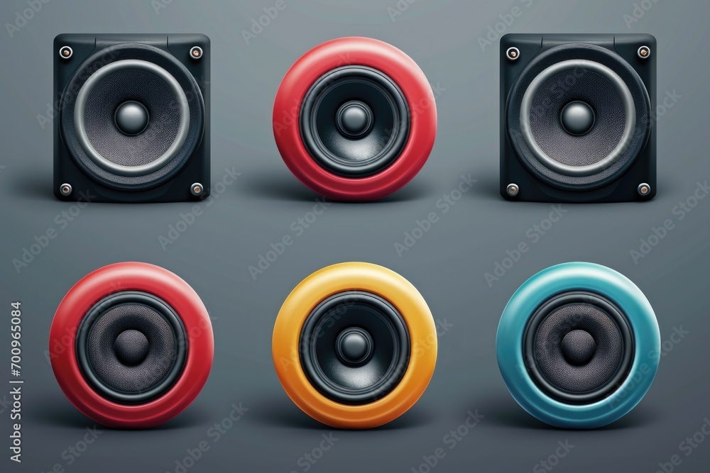 A set of four speakers in vibrant colors. Perfect for adding a pop of color to any audio setup. A set of four speakers in vibrant colors. Perfect for adding a pop of color to any audio setup.