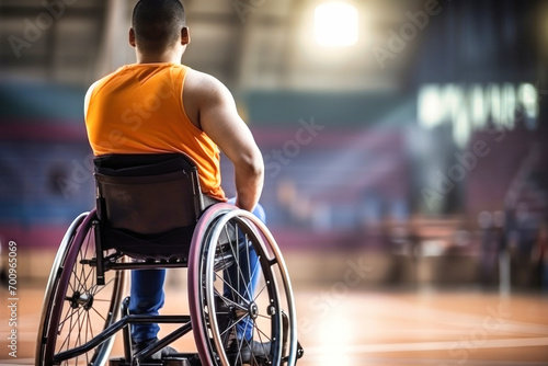 A disabled man in a wheelchair on a basketball court. Sports for people with disabilities. Active life.