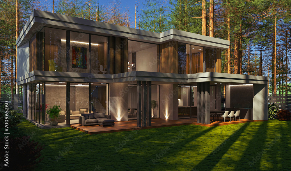 3D visualization of a modern house in the forest. Modern architecture. House with panoramic windows