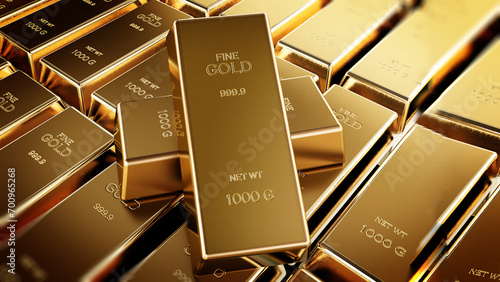Stack of one kilogram gold bars. 3D illustration photo