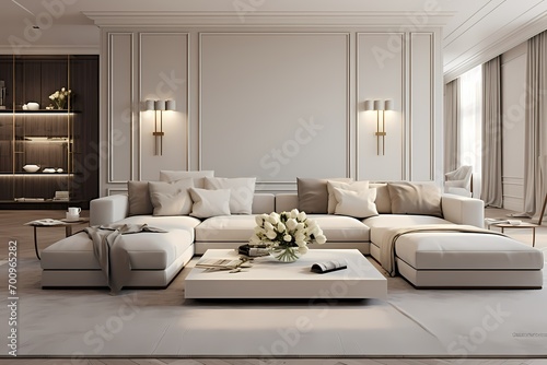 A modern classic minimalist living room with a neutral color palette  a plush sofa  and a minimalist coffee table  creating a cozy yet elegant atmosphere.