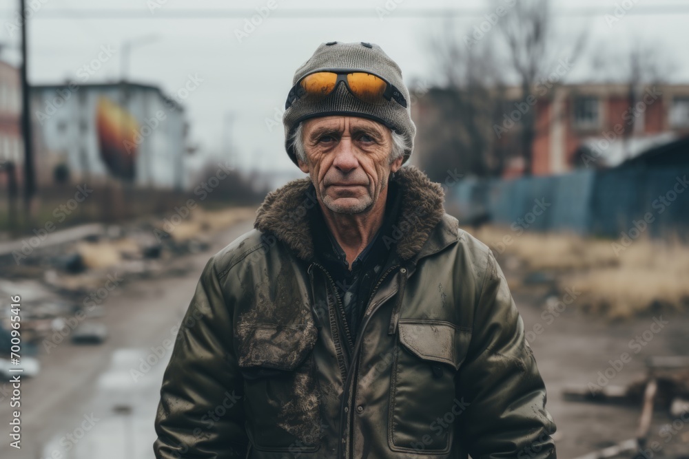 Portrait of an elderly man in a cap and jacket on the street Portrait of an elderly man in a cap and jacket on the street
