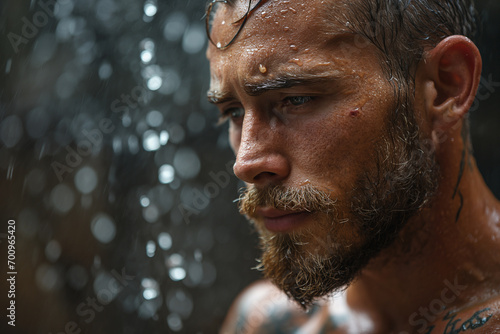 Rain-Kissed Vigor: Portrait of Wet, Young, Attractive, Muscular Man
