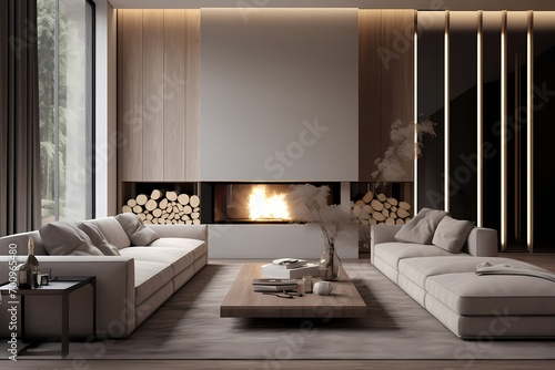 A modern classic minimalist living room with a monochromatic color scheme  a modular sofa  and a minimalist fireplace  creating a contemporary yet timeless space.