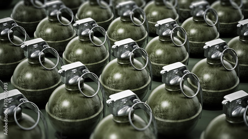 Hand grenades standing on dark background. 3D illustration photo