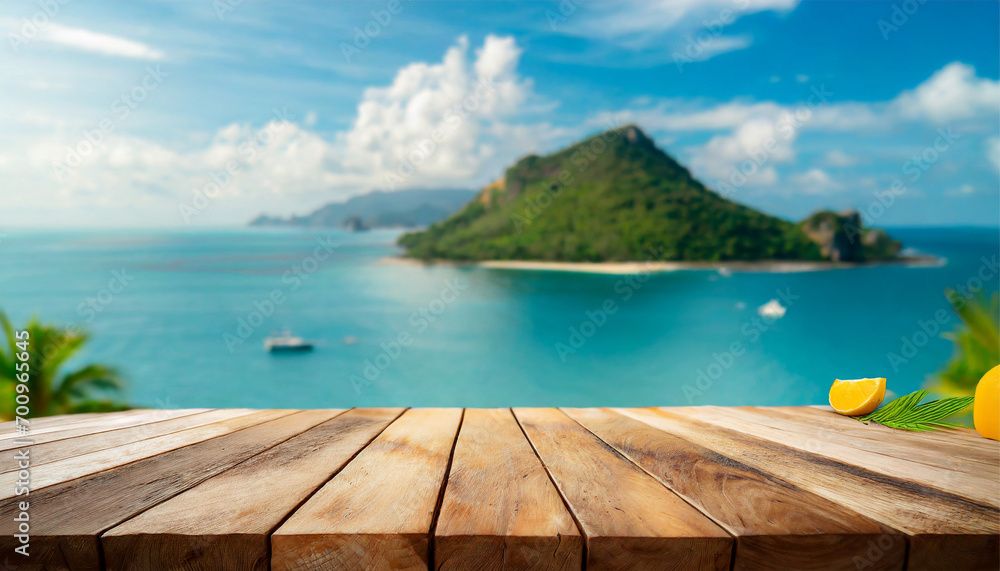 Wooden table set against the backdrop of the sea, an island, and the clear blue sky