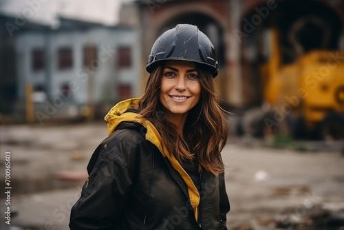 Portrait of a beautiful young woman in a helmet on the street
