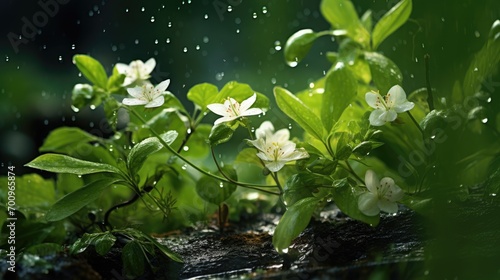 Spring rain falling on fresh greenery and washing the first flowers.