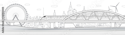 Train rides on the bridge. City industry and transport illustration. Ferris wheel. Urban scene. Gray lines on white background. Vector design art
