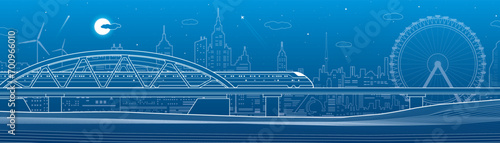 Train rides on the bridge. City industry and transport illustration. Ferris wheel. Urban scene. White lines on blue background. Vector design art
