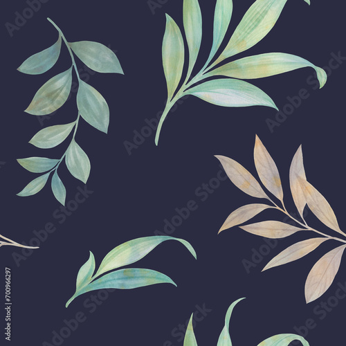 seamless botanical pattern  watercolor leaves on a blue background