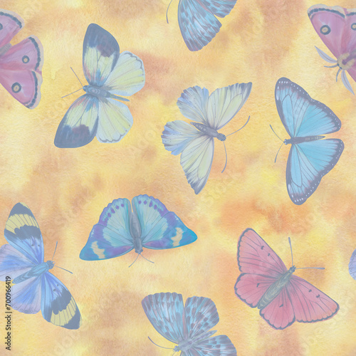 vintage print with colored butterflies, on an abstract watercolor background. Hand drawn illustration. Mixed media art