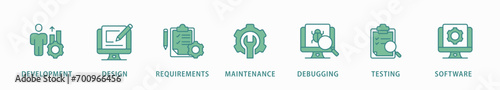 Agile banner web icon vector illustration concept with icon of development, design, requirements, maintenance, debugging, testing and software