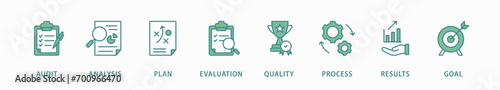 Assessment banner web icon vector illustration concept  accreditation and evaluation method on business and education with audit, analysis, plan, evaluation, quality,process,results and goal icon