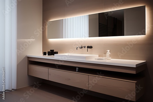 A modern classic minimalist washroom with a floating vanity, a sleek mirror, and recessed lighting, creating a serene and uncluttered environment.