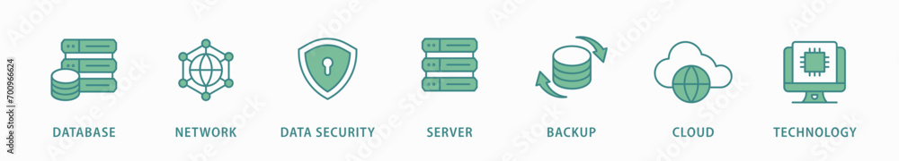 Data center banner web icon vector illustration concept with icon of database, network, data security, server, backup, cloud and technology Data center banner web icon vector illustration concept with icon of database, network, data security, server, backup, cloud and technology
