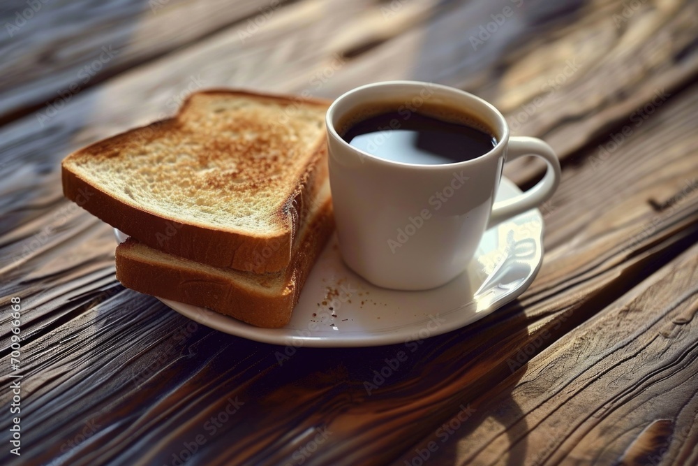A simple breakfast plate with a cup of coffee and a piece of toast. Perfect for showcasing a cozy morning routine or a delicious breakfast option A simple breakfast plate with a cup of coffee and a piece of toast. Perfect for showcasing a cozy morning routine or a delicious breakfast option