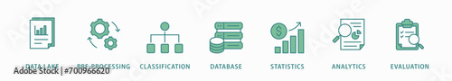 Data engineering banner web icon vector illustration concept with icon of data lake, pre-processing, classification, database, statistics, analytics and evaluation