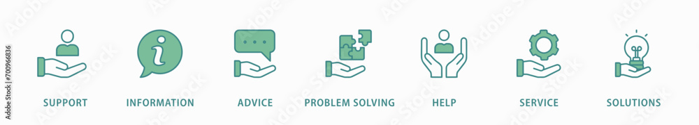 Help desk banner web icon vector illustration concept with icon of support, information, advice, problem solving, help, service and solutions Help desk banner web icon vector illustration concept with icon of support, information, advice, problem solving, help, service and solutions