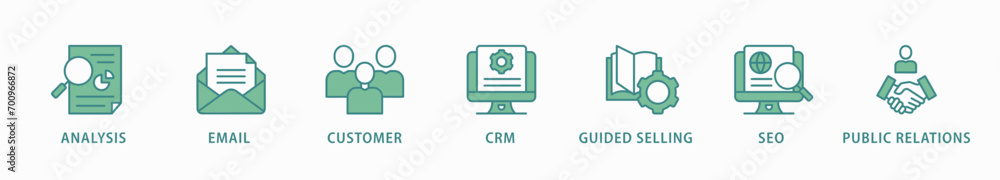 Inbound marketing banner web icon vector illustration concept with icon of analysis, email, customer, crm, guided selling, seo and public relations Inbound marketing banner web icon vector illustration concept with icon of analysis, email, customer, crm, guided selling, seo and public relations